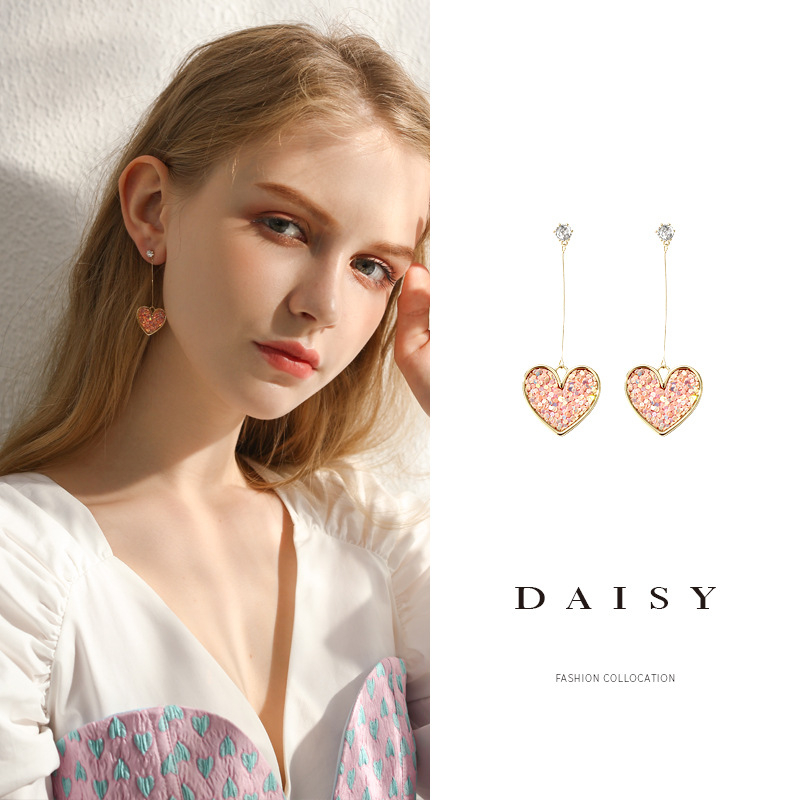 M1253 Women's Long Pink Love Pendant Earrings Jewelry Gift