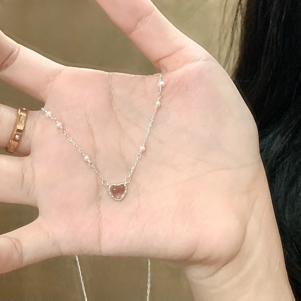 XL296 Women's New Pink Love Pearl Necklace Niche Girl Heart Sweet Collarbone Chain