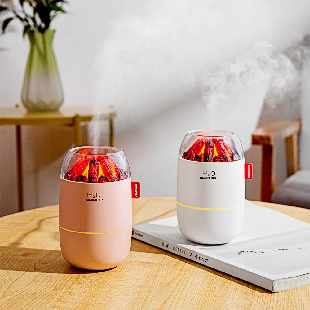 New Mini Fire Flame Humidifier, USB Quiet Aromatherapy Diffuser with Colorful Lights, Portable Volcano Mist Humidifier for Bedroom Home Office Car
