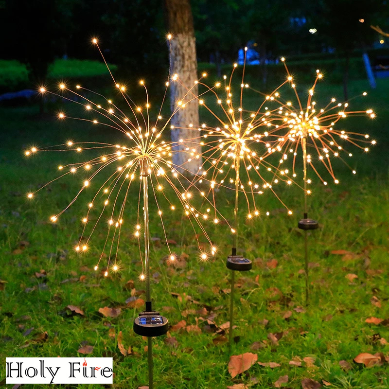 Holy Fire LED Solar Fireworks Garden Lights Outdoor Waterproof Lawn Lamps DIY Dandelion Landscape Decoration for Street/Pathway/Park/Night
