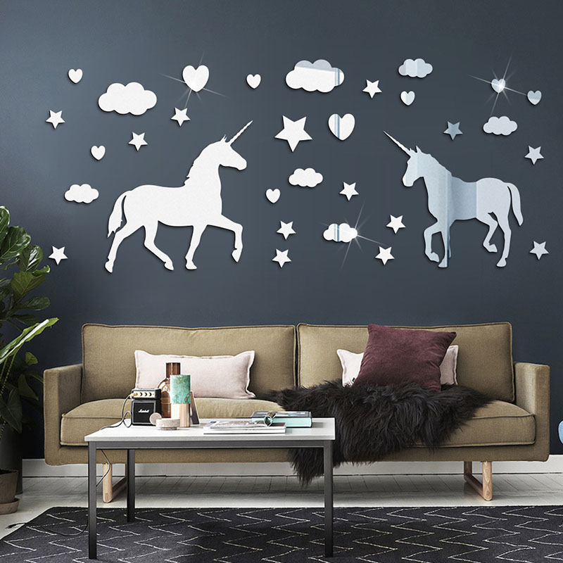 JM677 Unicorn Star Love Heart Set Acrylic Mirror Sticker 3D Self-Adhesive Diy Cartoon Mirror Wall Sticker