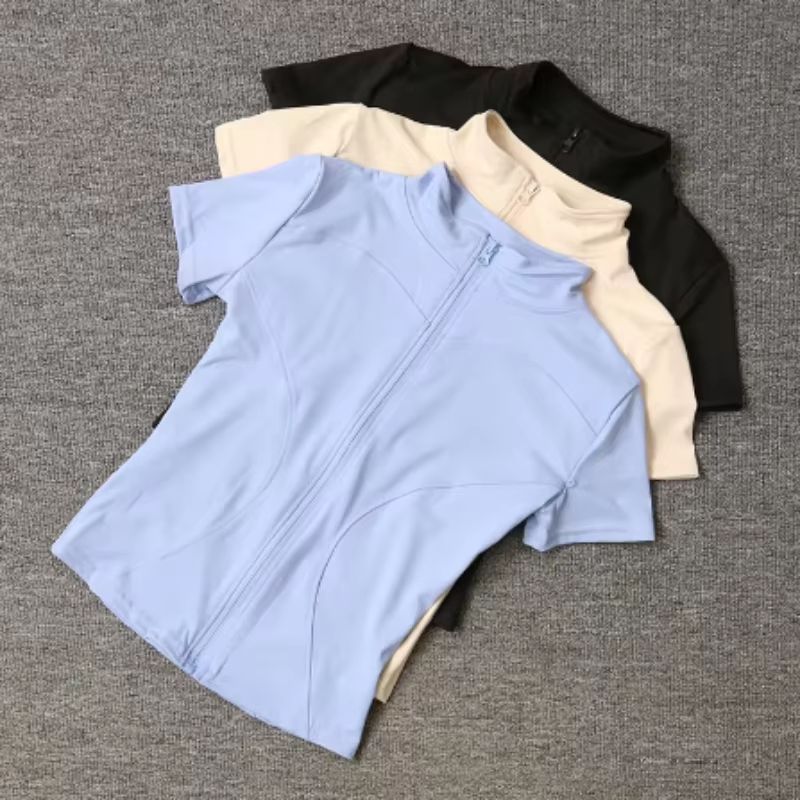 Summer TOP Quality Waist Slimming Training Tops Women's Quick-drying Tight Stand Collar Full Zipper Short Sleeves Yoga Shirts