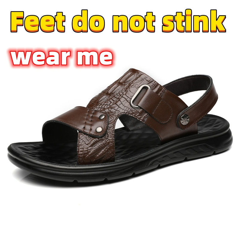 Men's cowhide deodorant sandals and slippers CRRshop free shipping hot sale shoes new fashion trend black brown sandals Men's non-slip leather Men's outer slippers Summer new beach casual dual-use wear-resistant leather sandals large size 38-42 43 44