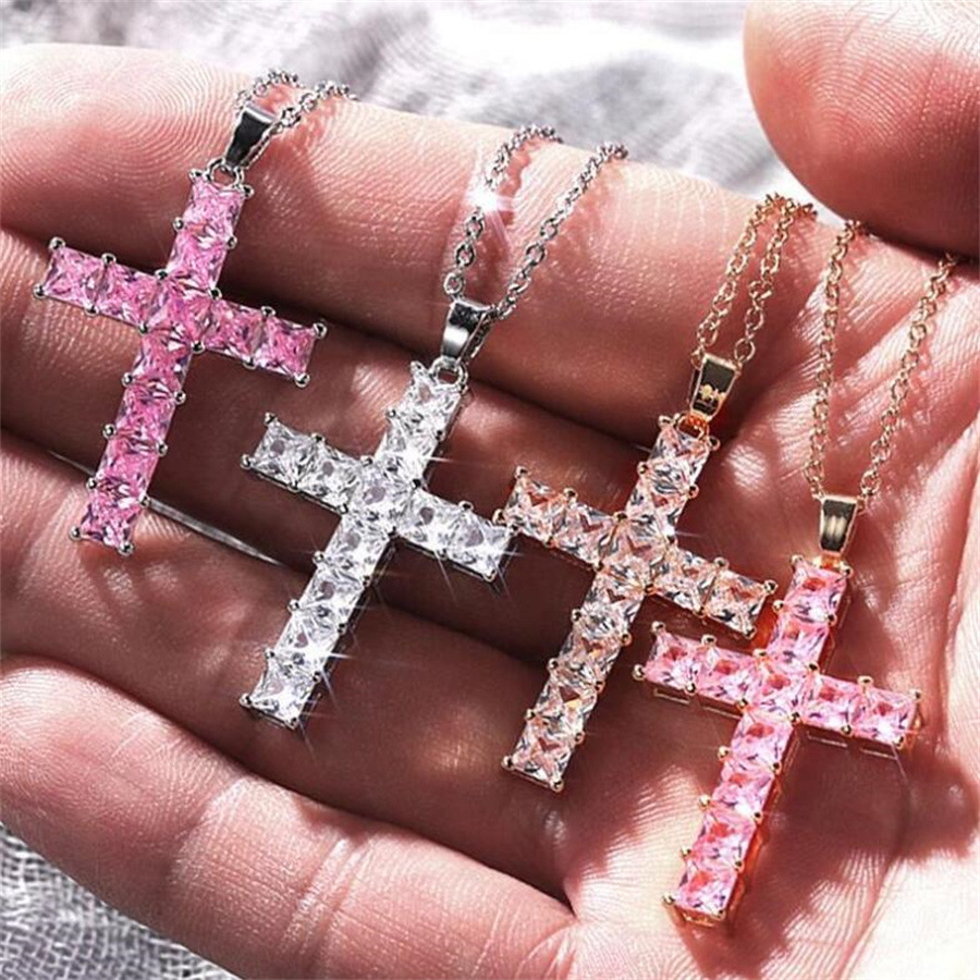 TE088 Clear Zircon Cross Pendant Necklace Long Chain Luxury Wedding Rock Punk Cubic Zirconia Diamond Halo Pendant Jewelry