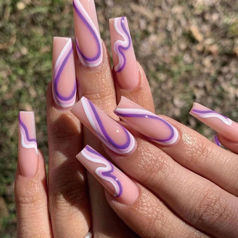 JP1723 24 Pcs Glossy Press on Nails, Super Long Coffin French Color-Block White Purple Wavy Lines Fake Nails, Full Cover Artificial False Nails for Women and Girls
