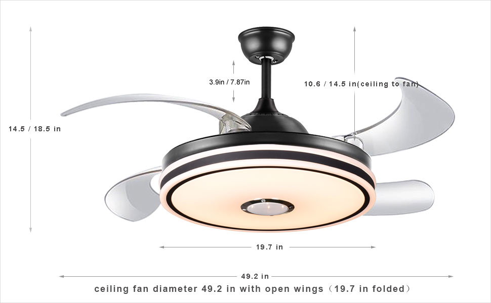Peach Retractable ceiling fan light and Bluetooth speaker color Changing 36W 49.2In Black ceiling fan with remote control. 