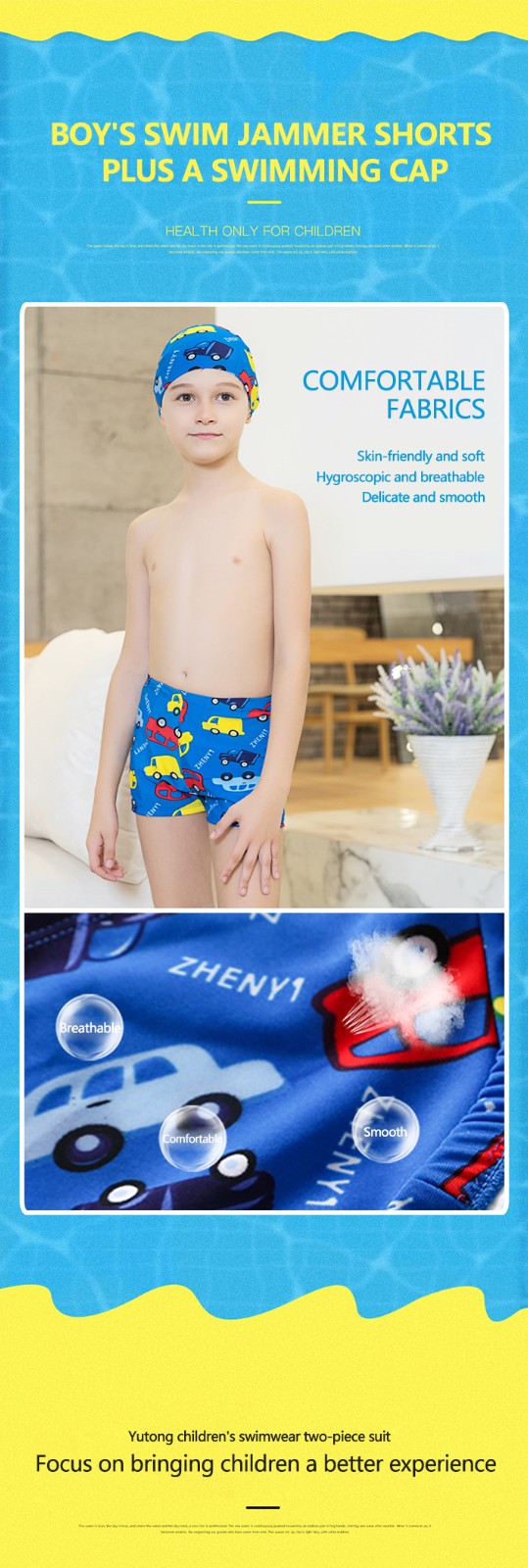 Boy's Cute Cartoon Pattern Swim Jammer Shorts Plus a Swimming Cap Comfortable Polyester Fabric Quick Drying