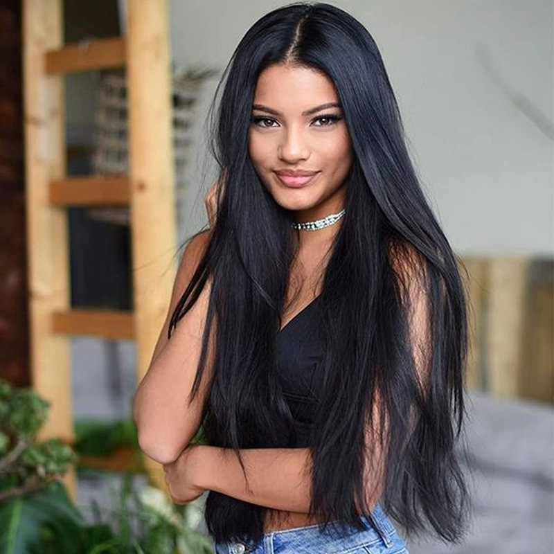 Long Straight Wig 28 Inch Black Wig Middle Part Lace Wigs With High Lights Synthetic Hair Wigs For Black Women Cosplay