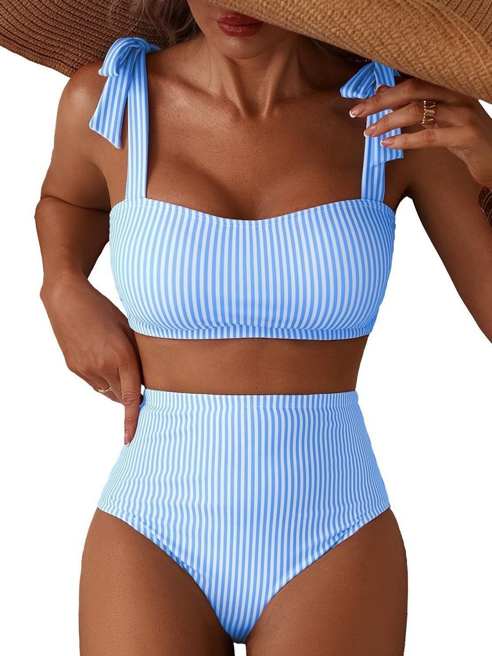 Women's High-Waisted Bikini Set, Tie-Shoulder Two-Piece Swimsuit, Striped & Printed Bathing Suit, S-XXL Sizes, 200g Lightweight Swimwear for Beach, Pool & Vacation

