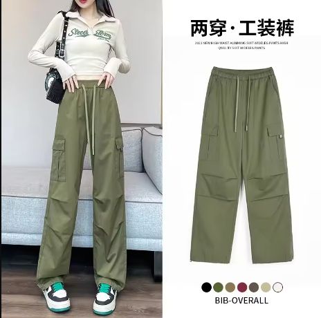 Retro Drawstring String Loose Cargo Pants Large Pocket Personality Straight-leg Casual Women's Pants