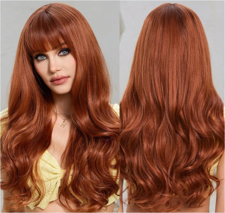 Orange Synthetic Women's Wig Layered Wigs with Bangs Long Wavy Heat Resistant Natural Wigs