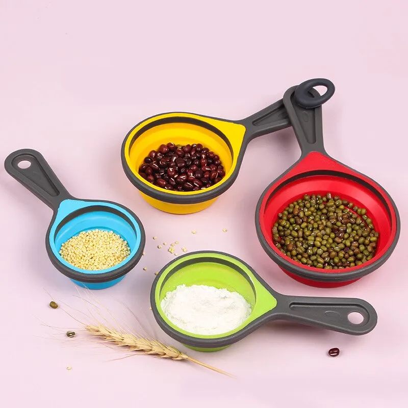 4Pcs Set Measuring Cup Folding Measuring Spoon Set Coffee Sugar Scoop Baking Cooking Kitchen Silicone Measuring Cups Tool New