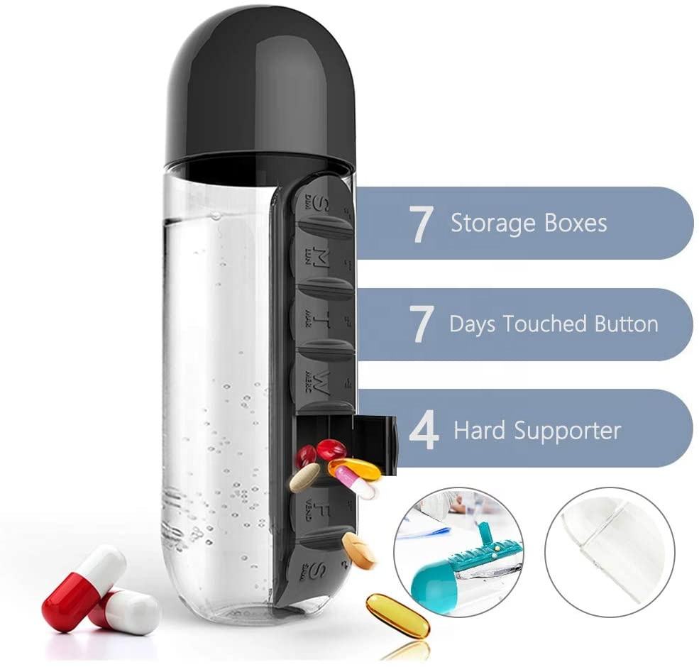 Medicine Box Water Cup,2 in 1 Water Bottle Medicine Box Storage Box,20 oz Daily Sports Water Bottle with Pill Box Organizer 7 Days Capsule Organizer, Black