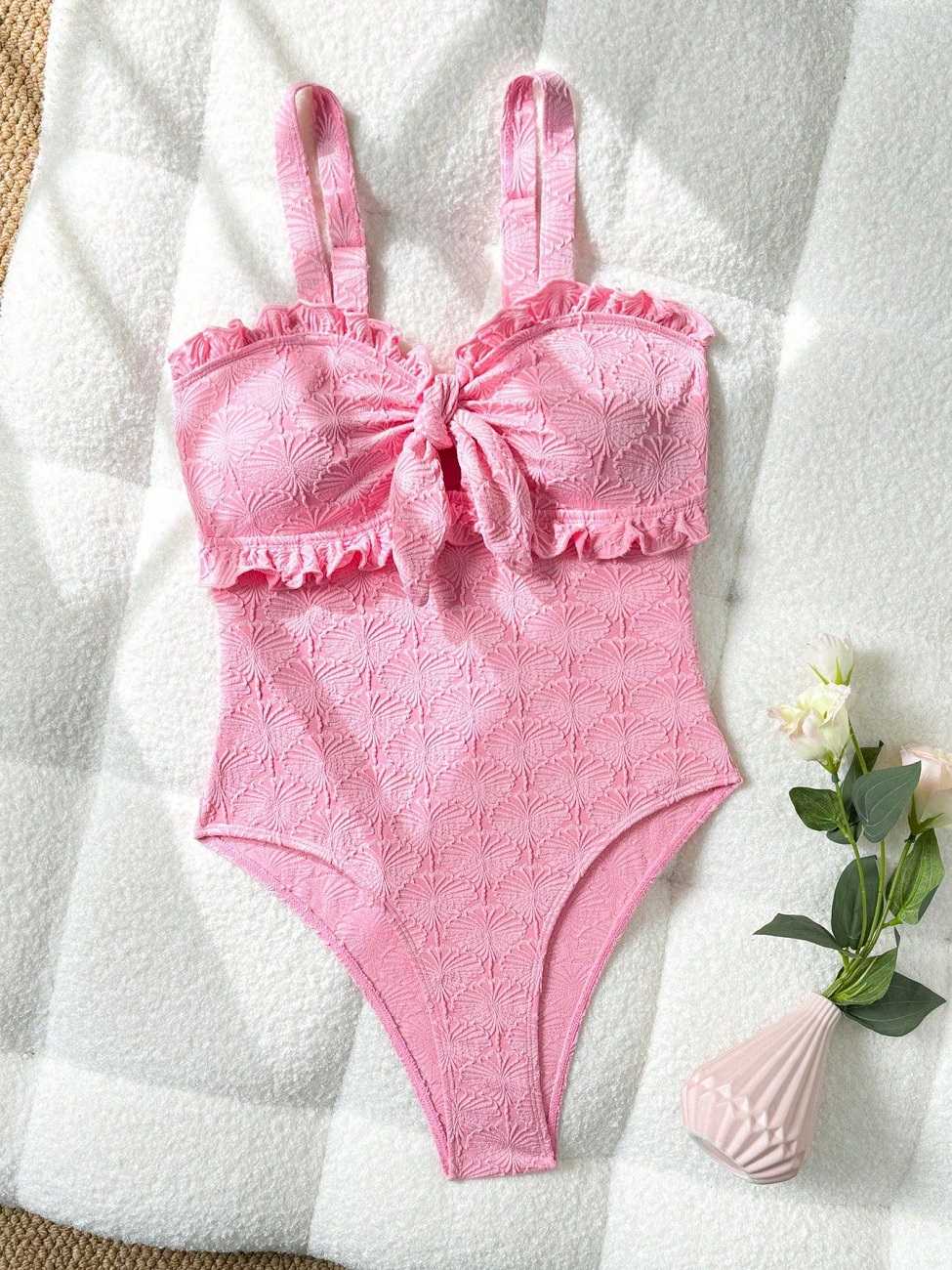 Women's Textured Floral One-Piece Swimsuit, Removable Strap Bandeau Monokini with Bow Front & Ruffle Trim, Slimming High Cut Bathing Suit for Beach, Pool & Vacation
