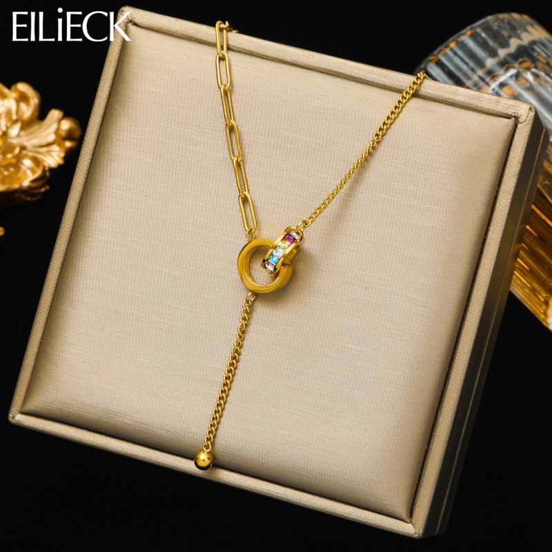 XL00768-1 Stainless Steel Colorful Zircon Traffic Circle Pendant Necklace For Women Girl Trendy Jewelry Gift