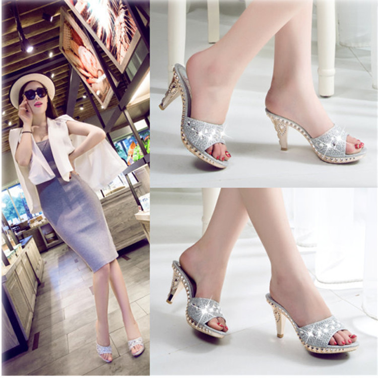 735 Women Slippers Thick Slides Fish Mouth Open Toe Bling Rhinestone Heel Sandals For Ladies