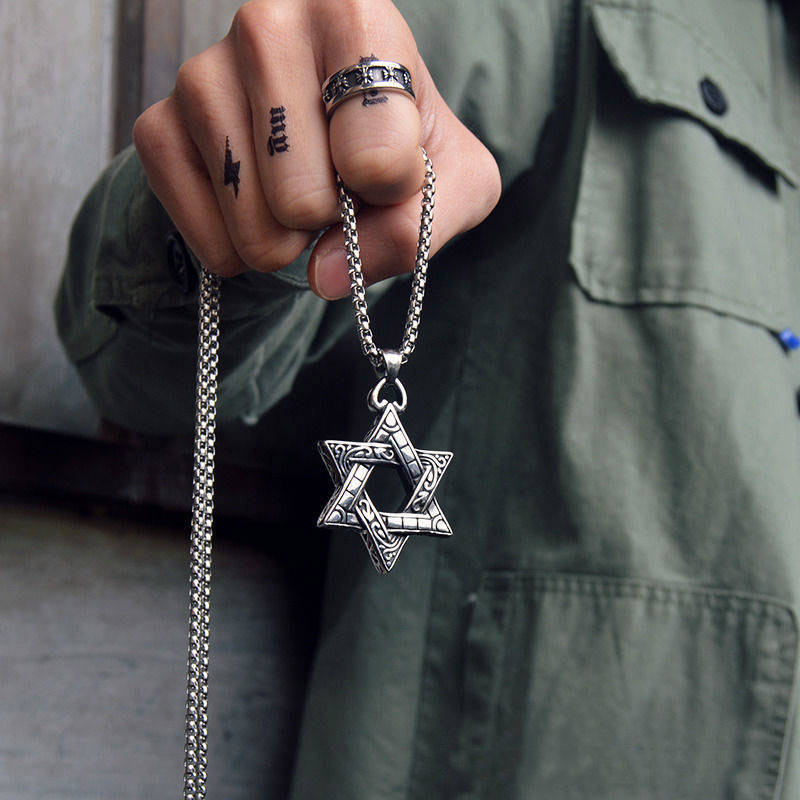 WELLHOME Kpop Star of David Pendant Israel Chain Necklaces for Men Women Judaica Silver Color Hip Hop Long Chain Jewish Jewelry Boys Gift