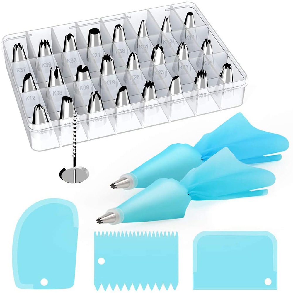 32-Piece Cake Decorating Tools Supplies Kit 24 Numbered Icing Tips with 2 Pastry Bags, 3 Icing Smoothers, 1 Flower Nail and 2 Reusable Couplers for Baking Supplies