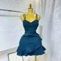 Summer Women Sexy Denim Mini Dress, Sleeveless Cami Spaghetti Strap Dress, Elastic High Waist Bodycon Skirt, Ruffle Hem Slim Fitting Hip Wrap Short Dress for Daily Dating Party Streetwear