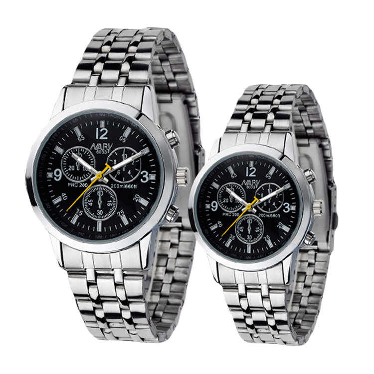 【2 Pcs】Quality Waterproof Couple Watch Luminous Stainless Steel Quartz Movement Lovers Watches NARY-6033