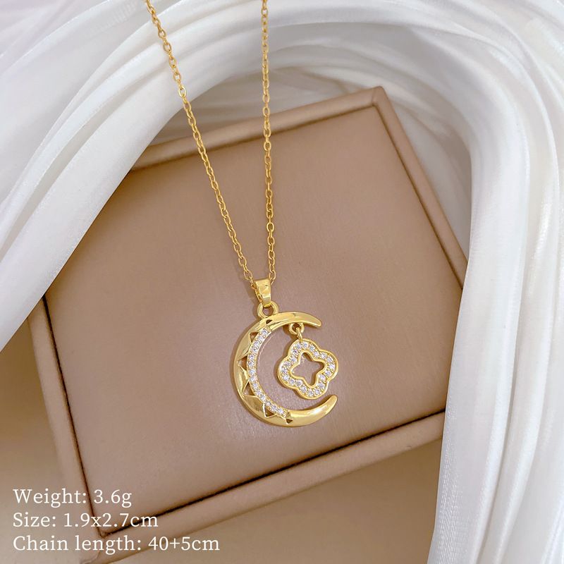 Luxury Moon & Four‑Leaf‑Clover Pendant Necklace for Women, Stainless Steel Adjustable Chain, Gold‑Plated Micro‑Paved Zircon Hollow Design Clavicle Chain, Delicate Sparkling Fashion Jewelry Gift for Daily Dating Party Banquet Wear