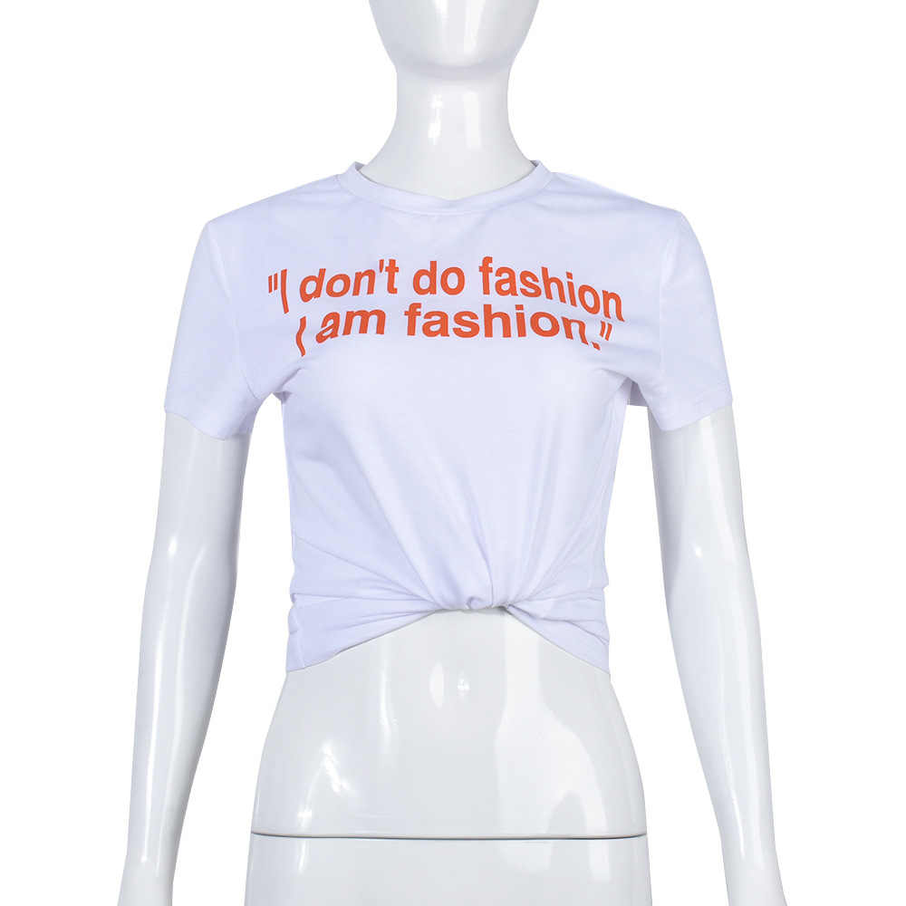 7554TG Women Letter Print O-Neck Short Sleeve Casual Crop Tops Slim Tees