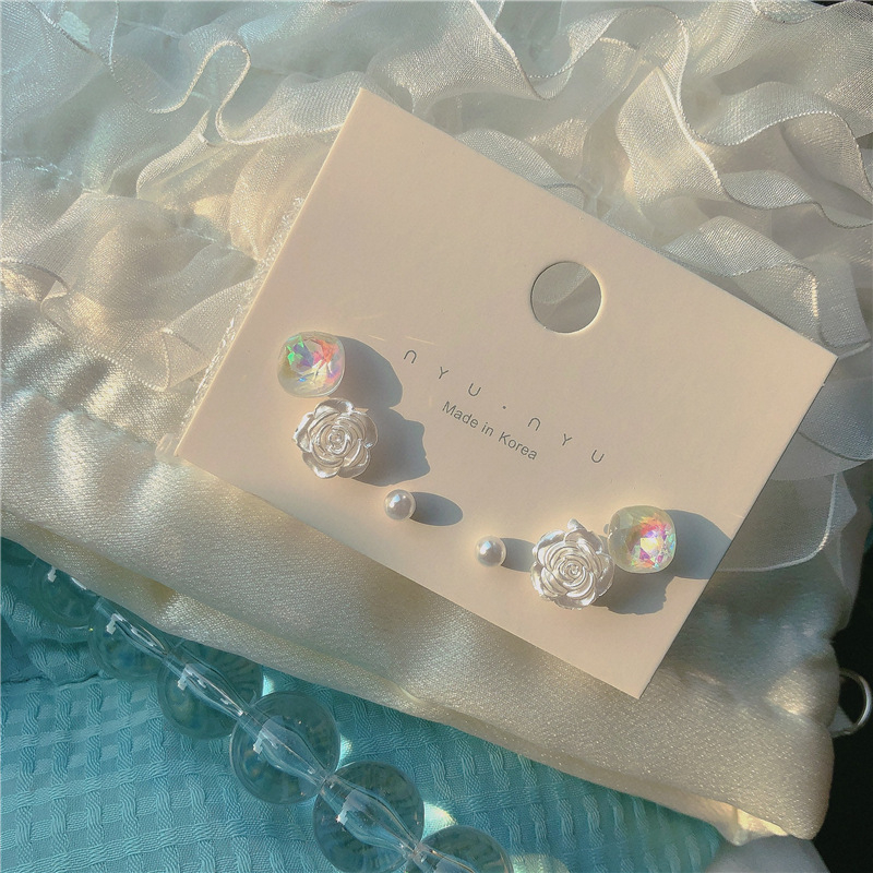Women's Simple Pearlescent Rose Set Combination Stud Earrings Jewelry Gift