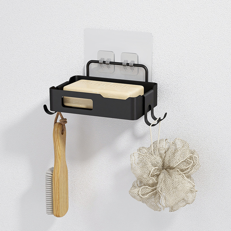 Soap Dish with 2 Hooks for Hanging Sponge and Razor,No Drilling Adhesive Wall Mounted Bar Soap Holder for Bathroom Kitchen- No Drilling 