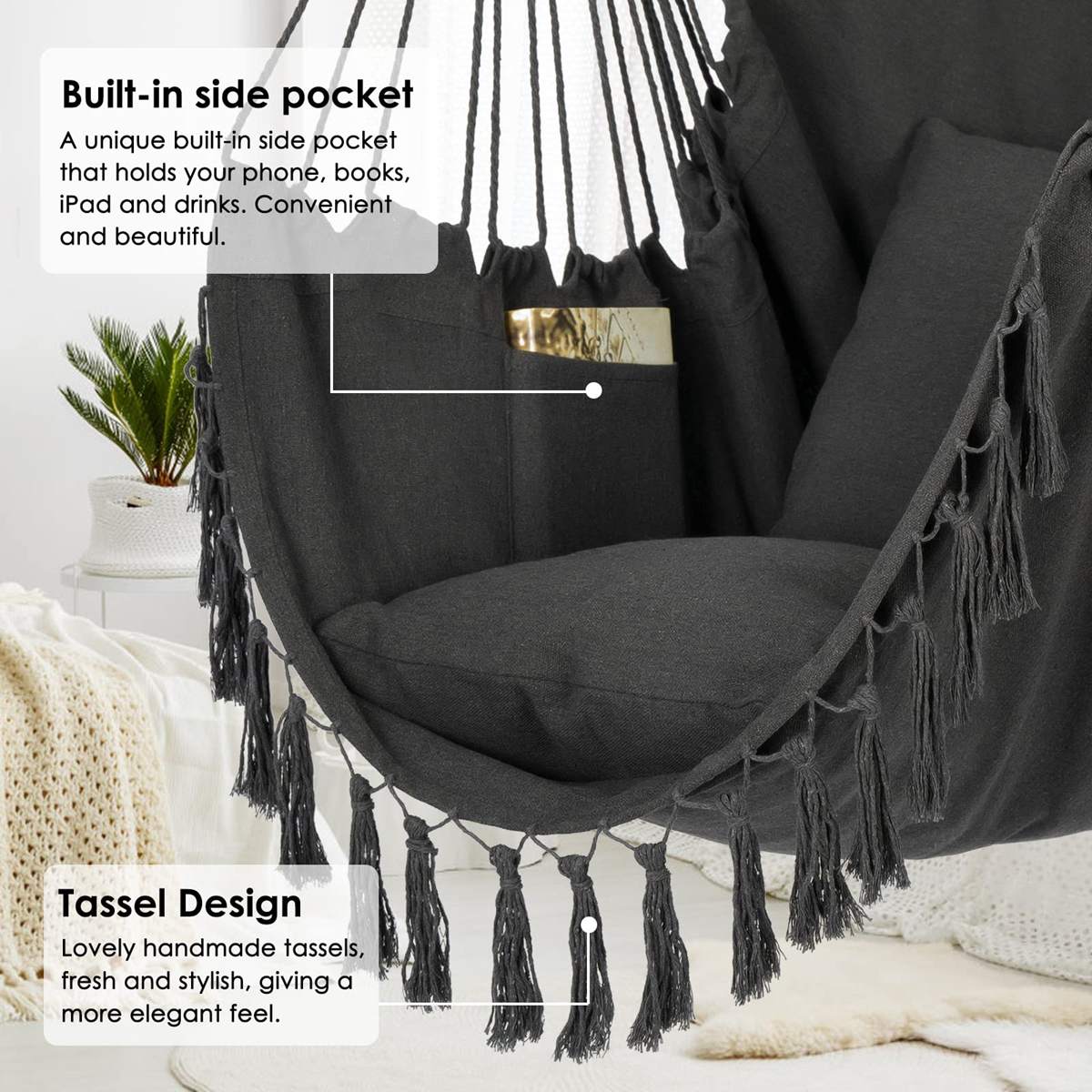 Y- Stop Hammock Chair Hanging Rope Swing, Max 500 Lbs, 2 Cushions Included, Large Macrame Hanging Chair with Pocket for Superior Comfort, with Hardware Kit 