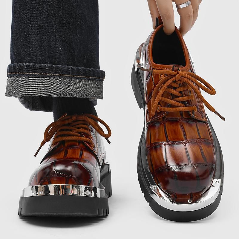 Big and Tall Men's Shoes | Leather Loafer with Thick Sole & Round Toe | Fashion Student Casual Derby Shoes | Slip-On Lace-Up Design for Daily Wear