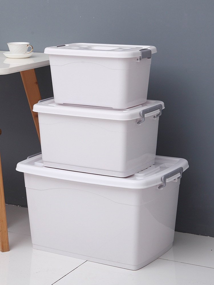 Large Capacity Plastic Storage Box, Multipurpose Stackable Storage Bin with White Latching Lid and Handle Clothes Storage Containers