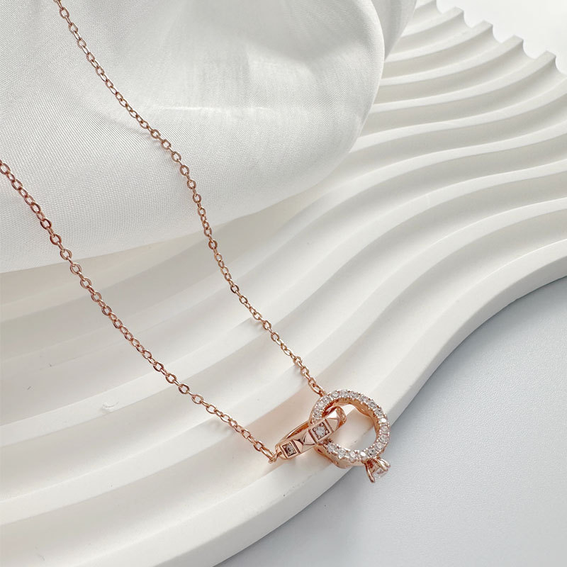 XL2300J1 Women's Simple Diamond Collarbone Chain Rose Gold Double Ring Necklace