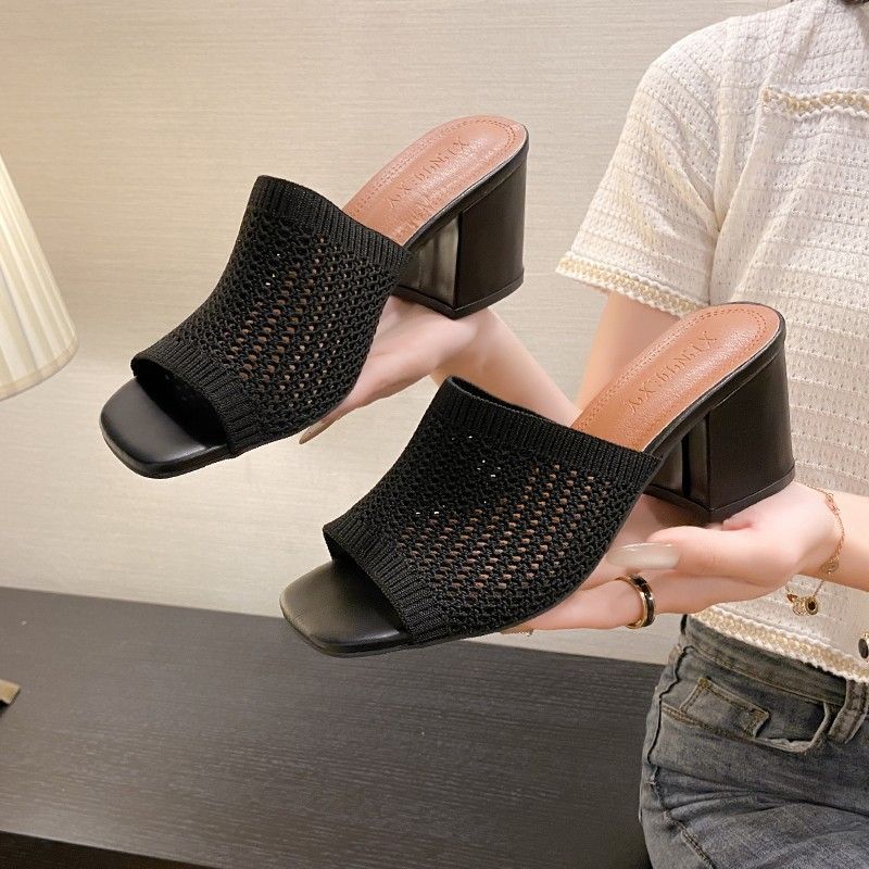 2024 summer new large size flying woven high heels sandals women knitted breathable coarse with European and American fashion sandals one line