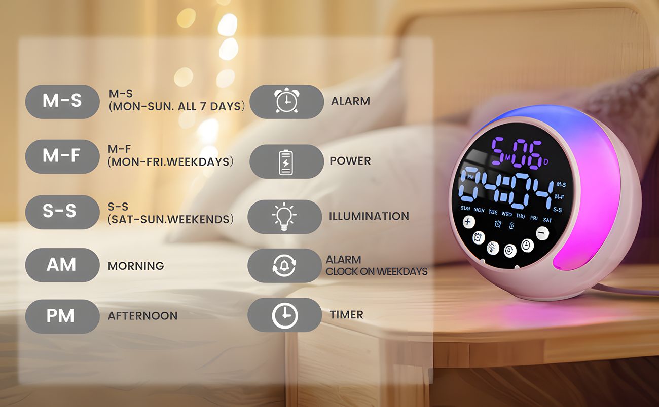 Multifunctional Kids Alarm Clock Night Light RGB with Wake Up Light with Calendar Weekday Weekday