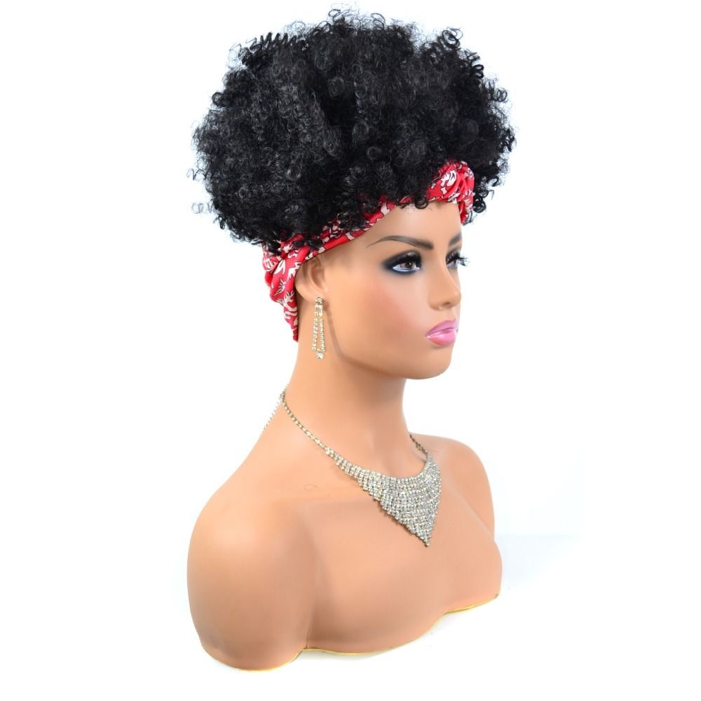 TopKiss Black Curly Wig with Headscarf, High Temperature Fiber Headband Hairnet Wig for Women Local