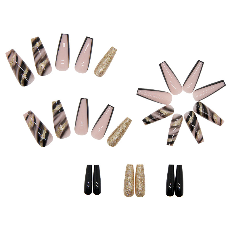 24pcs Detachable Long Coffin False Nails Gold Foil Leopard Pattern Fake Nails Full Cover Nail Tips With Glue