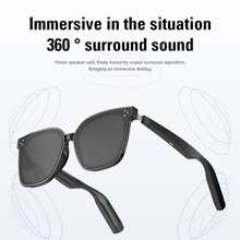 AI smart sunglasses with Bluetooth, polarized lenses, UV and blue light protection, music and call functionality, transparent design, and interchangeable lenses.