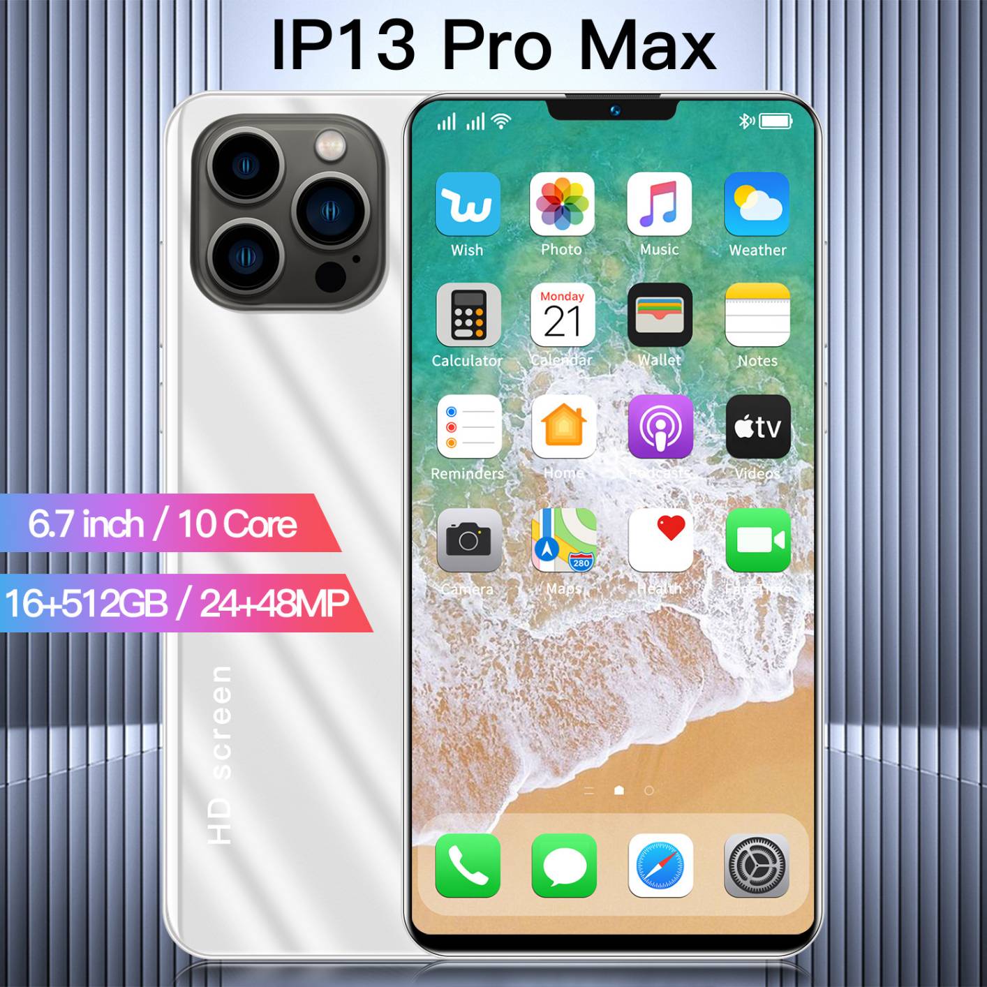2022 Global Version iP13 Pro Max 6.7 Inch Android 4.4 Smart Phone Dual SIM Face Fingerprint ID Mobilephone UK Plug
