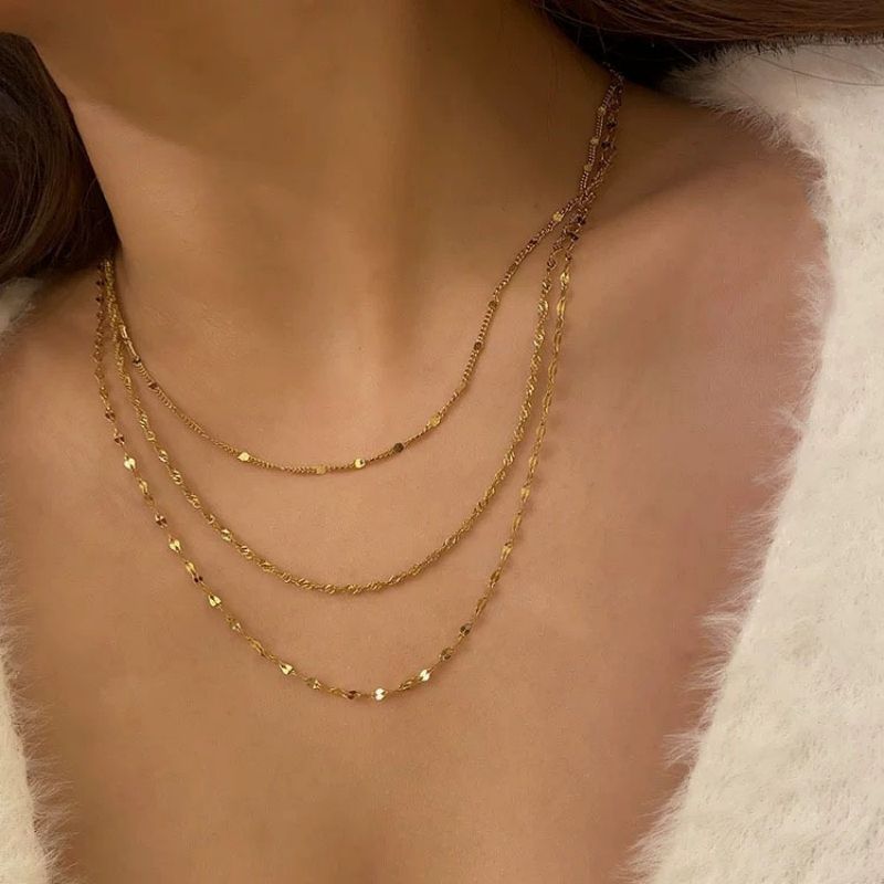 Necklace Triple layered necklace, gold multi-layered necklace, collarbone chain