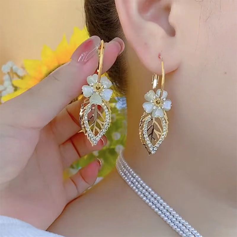 AL733203049949 Women's New Niche Opal Flower Leaf Earrings Inlaid Rhinestone Earrings