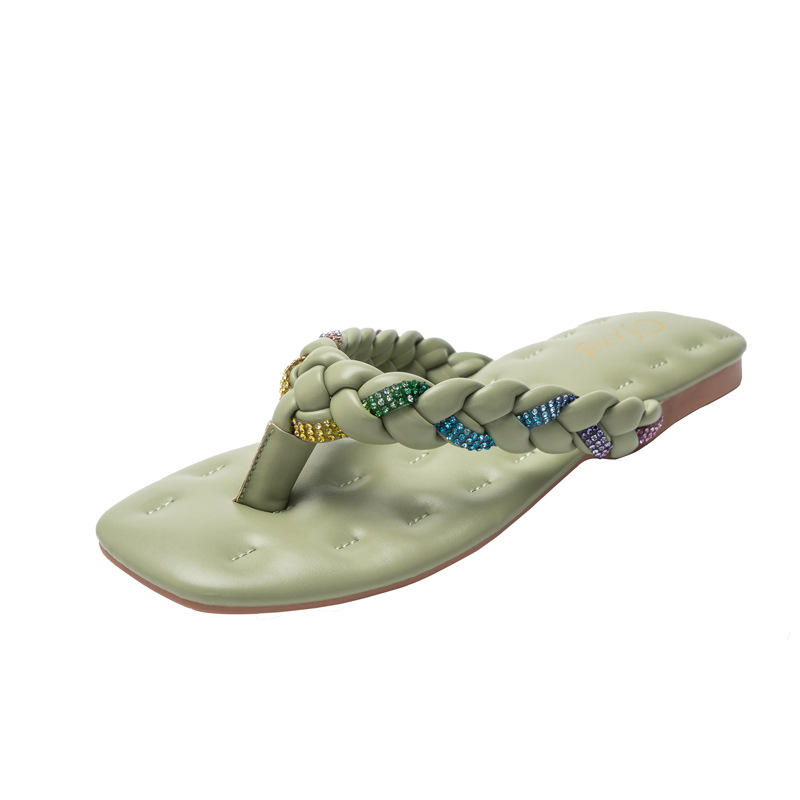 CFXXY-48 Women's Fashionable Knit Rhinestone Flip Flops Casual Flat Slippers