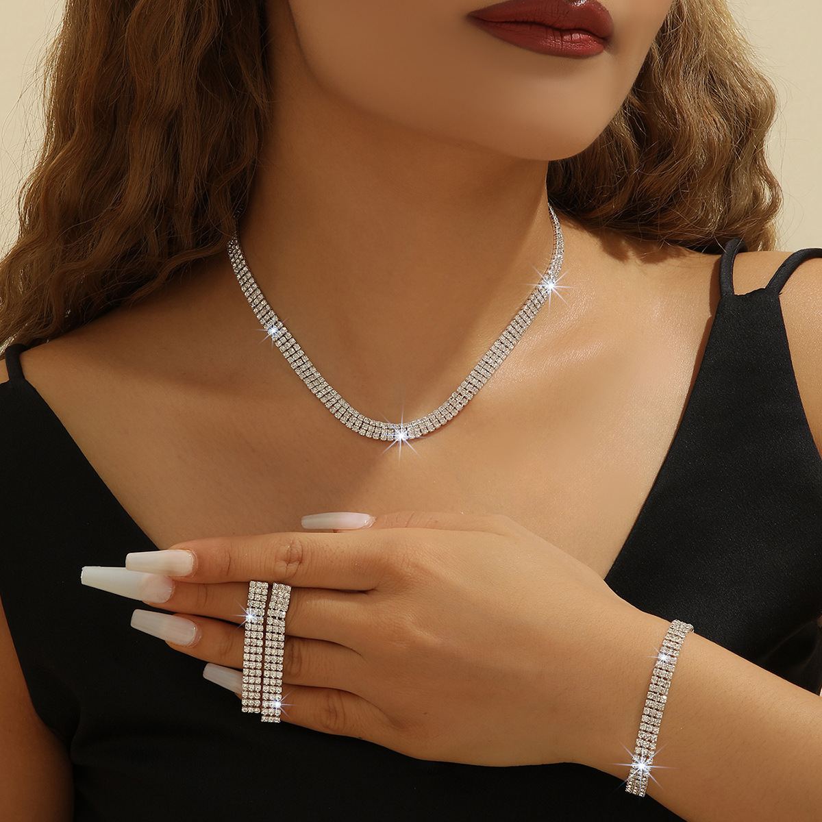 Luxury Minimal Multi Row Claw Chain Rhinestone 3Pcs Jewelry Set For Women, Adjustable Tennis Necklace Earrings Bracelet Matching Kit, Full Shiny Crystal Silver Tone Collarbone Choker, Elegant Bridal Wedding Evening Banquet Prom Formal Dress Statement Sparkling Accessories Gift For Ladies
