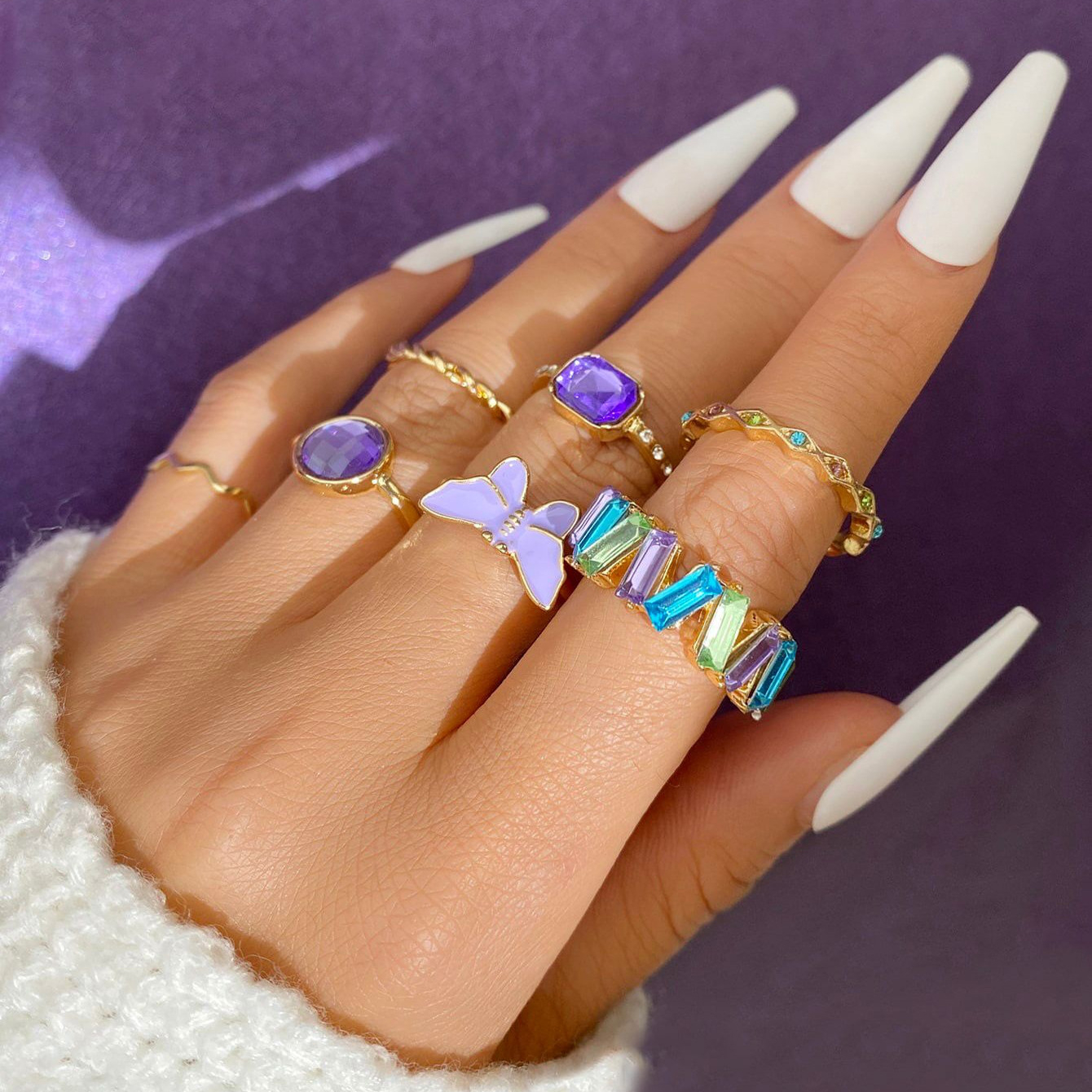 5589501 7Pcs Metal Gold Color Butterfly Ring Set Trendy Purple Crystal Stone Ring Women Fashion Bohemian Twist Rings Jewelry