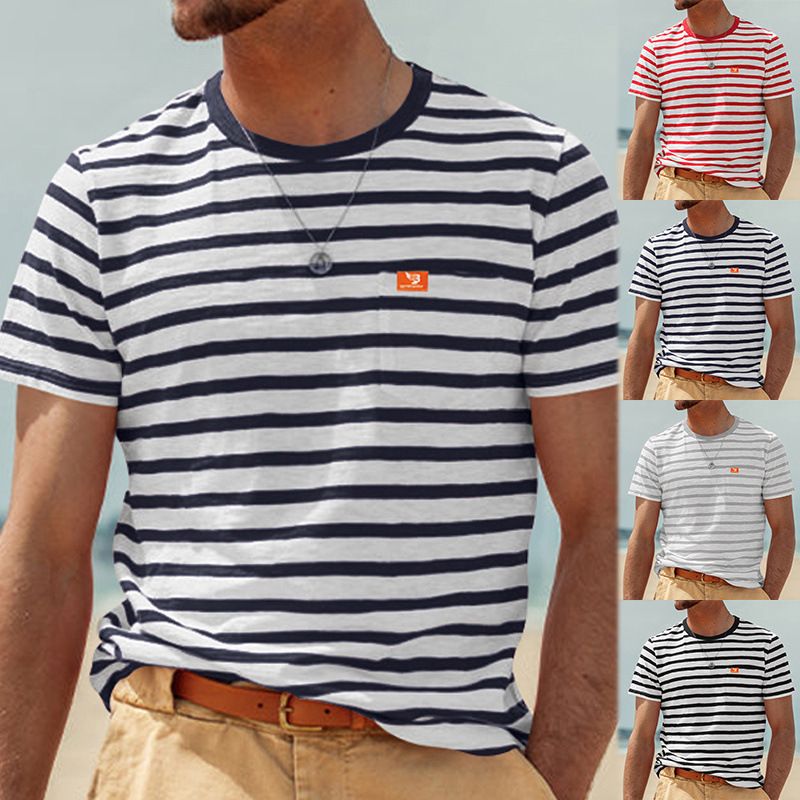 New 2026 Summer Men's Short Sleeve T-Shirt British Style Striped Printed Crew Neck Tops Casual Fashion Breathable Tee for Men