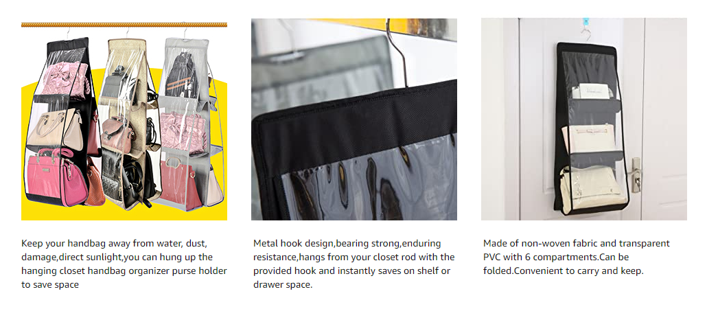 Hanging Handbag Organizer Dust-Proof Storage Holder Bag Wardrobe Closet for Purse Clutch with 6 Larger Pockets Grey