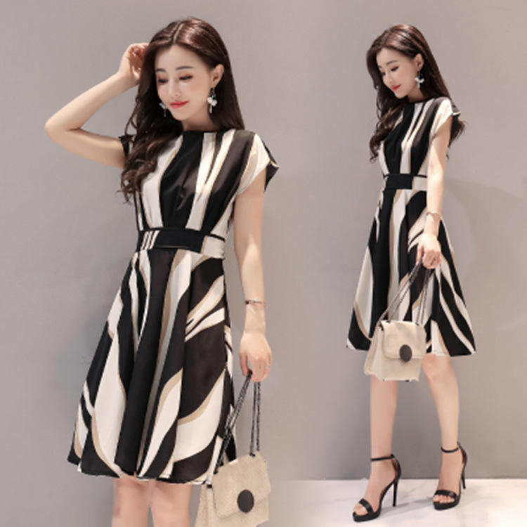 women's short sleeve stripe print dress crewneck casual girl dress