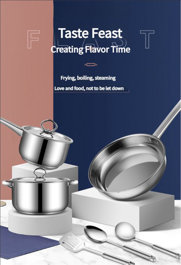 15-piece Stainless steel pot set thick composite bottom silver Cooking Pots frying pan soup pot milk pot spoon soup spoon stir fry spoon cookware set