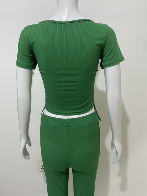 V-neck pleated slim two-piece tracksuit Spice girl pleated deep V short sleeve slacks suit solid color knitted split top + bootcut trim trousers