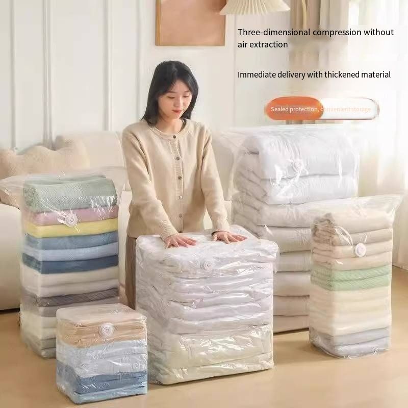 - Pump-Free Vacuum Compression Bag, 3D Stereo Organizer Bag, Home Essential for Storing Quilts, Comforters, Clothes, Reusable and Leak-Proof