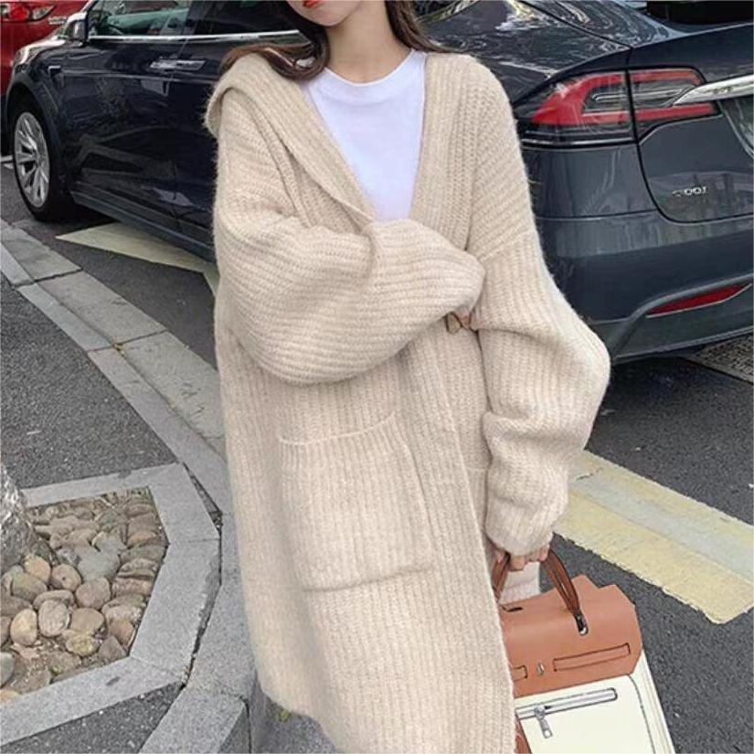 MA1022---1583#29 Women's Autumn and Winter New Mid Length Hooded Sweater Coat Large Pocket Loose Knitted Cardigan Sweater